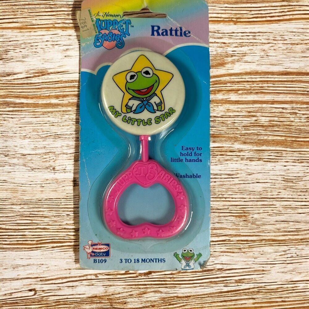 Vintage 80s Jim Henson Muppet Babies Pink Baby Rattle Ring New Kermit The Frog
